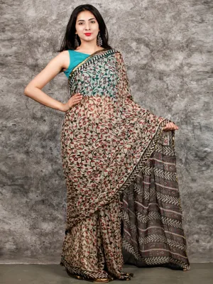 Ivory Red Black Hand Block Printed Chiffon Saree with Zari Border - S031703218