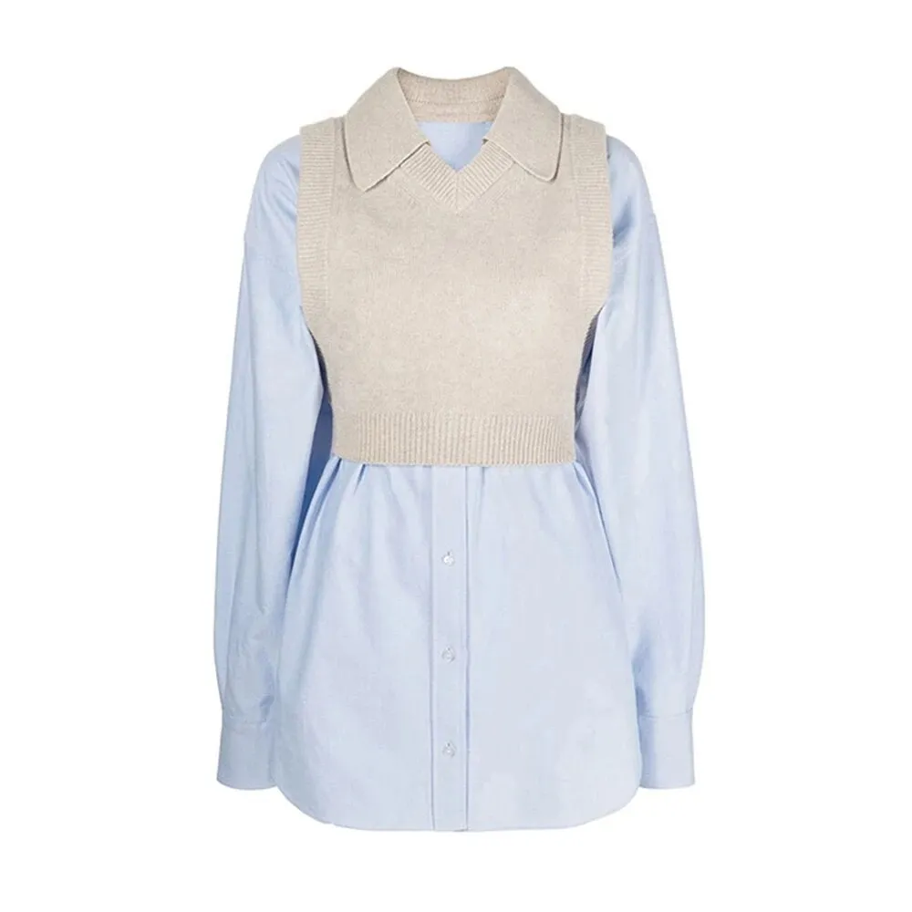 Knitting Patchwork Sweater For Women Lapel Long Sleeve Colorblock Casual Sweet Pullovets Female Clothes Fashion
