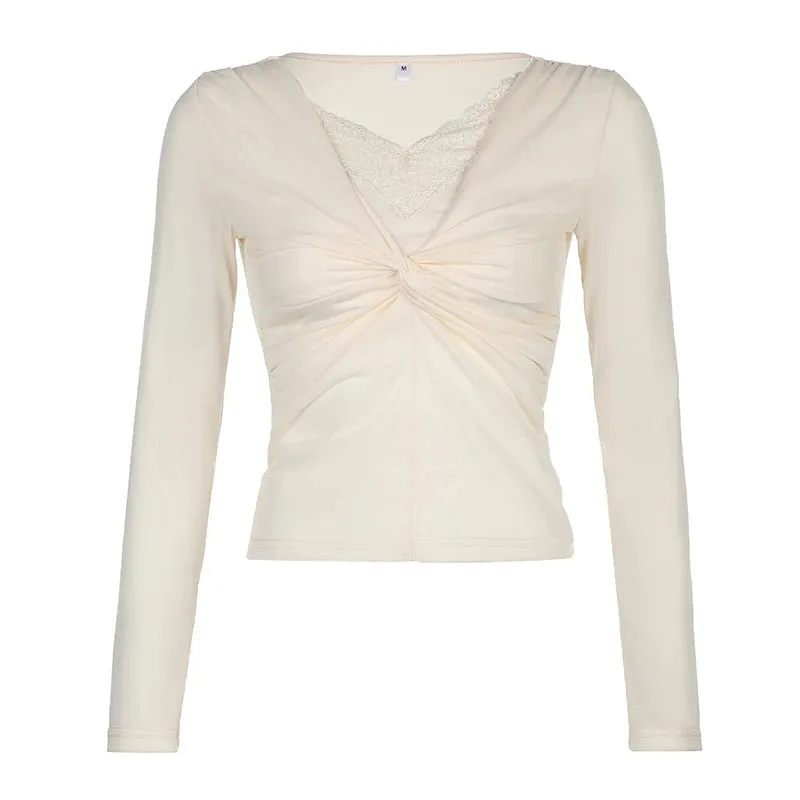 Korean Fashion Folds Tshirts Women Slim Long Sleeve Cutecore Twisted Lace Trim Top Tee Japanese Y2K Preppy Style 2024