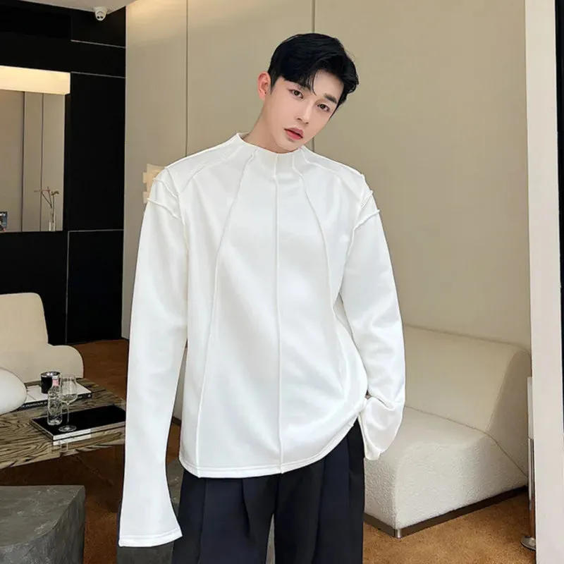 Korean Style Long Sleeve T-shirt Trend Men's Handsome Pullover Niche Design Silhouette Lines Fashion Solid Color Tee 9C1461