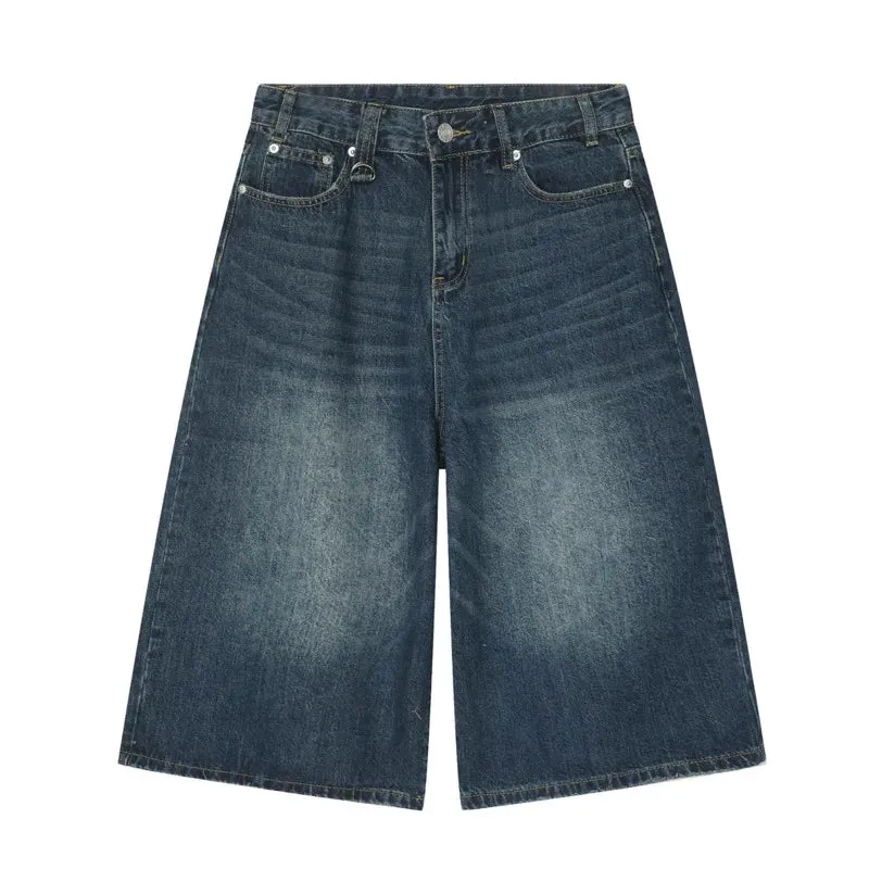 Korean Style Vintage Men's Jeans Summer Loose Male Wide Leg Knee Length Shorts Washed Fashion Denim Trouser 9A8825