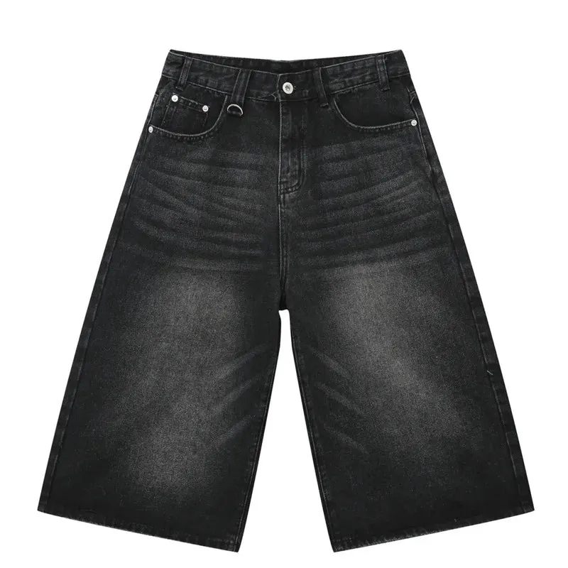 Korean Style Vintage Men's Jeans Summer Loose Male Wide Leg Knee Length Shorts Washed Fashion Denim Trouser 9A8825