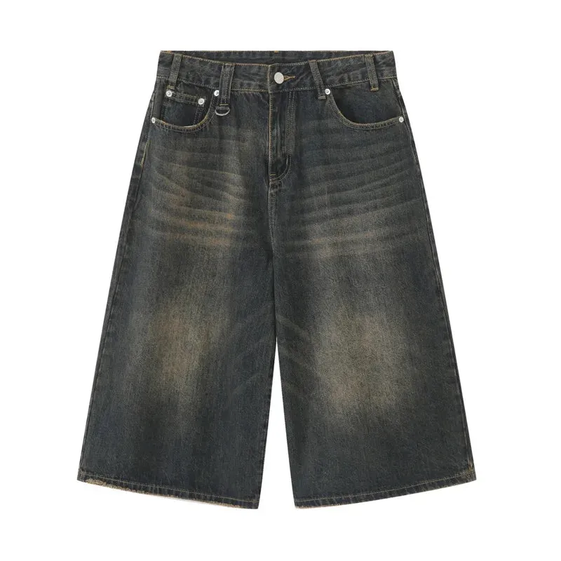 Korean Style Vintage Men's Jeans Summer Loose Male Wide Leg Knee Length Shorts Washed Fashion Denim Trouser 9A8825