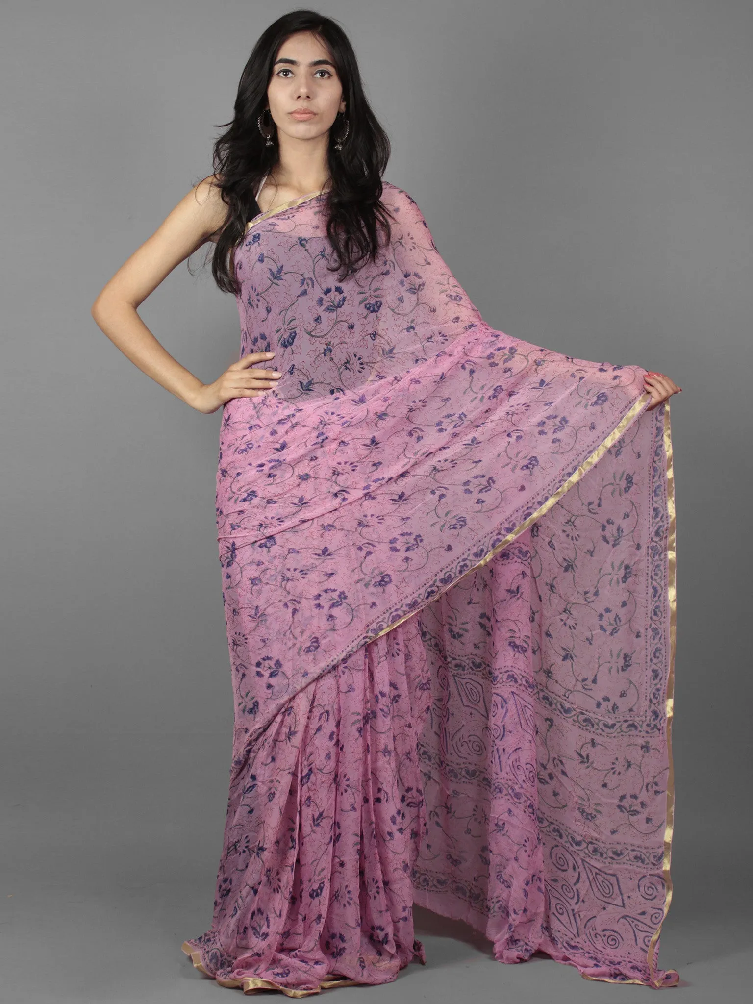 Lavender Blue Hand Block Printed Chiffon Saree - S031701894