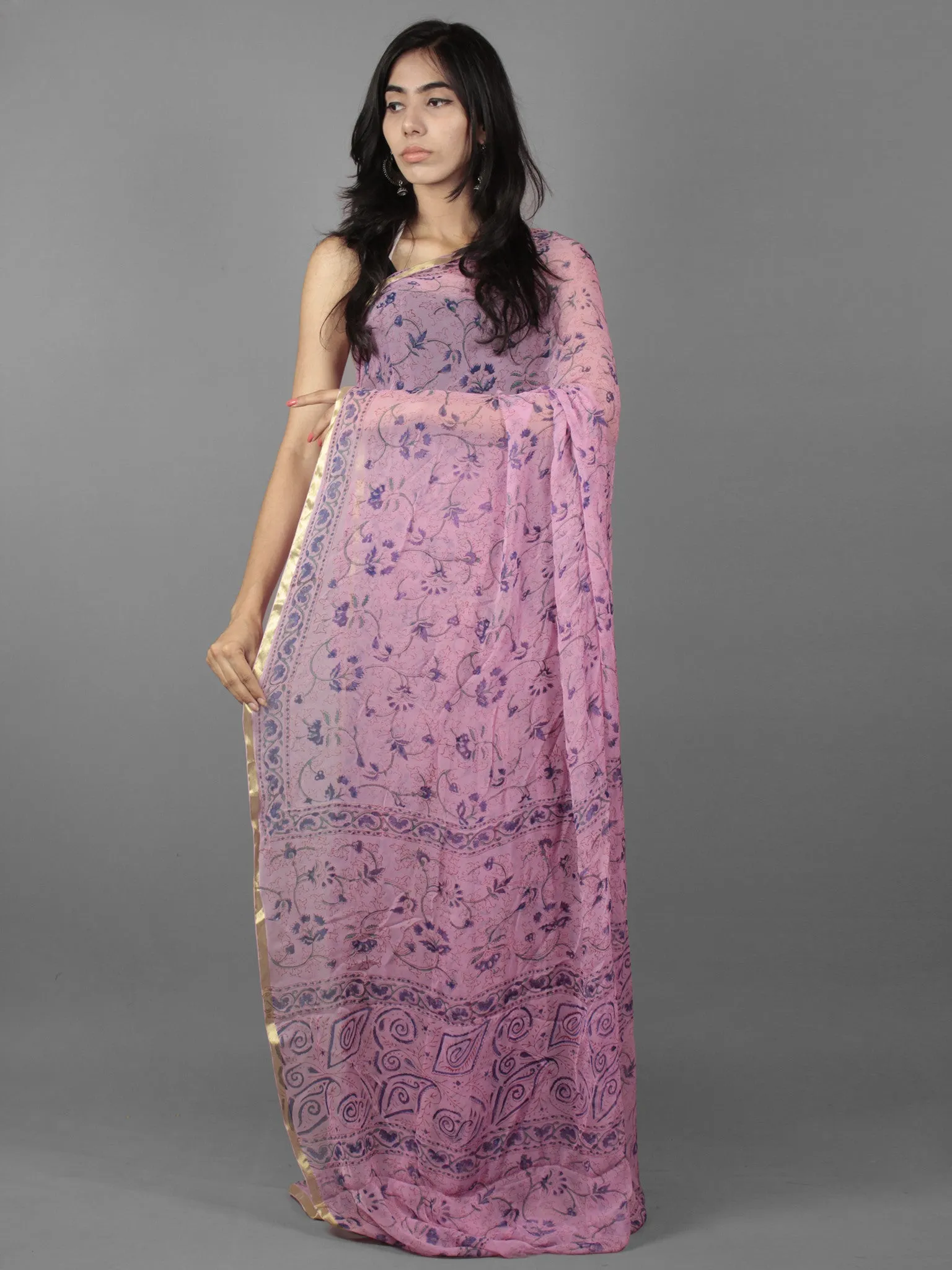 Lavender Blue Hand Block Printed Chiffon Saree - S031701894
