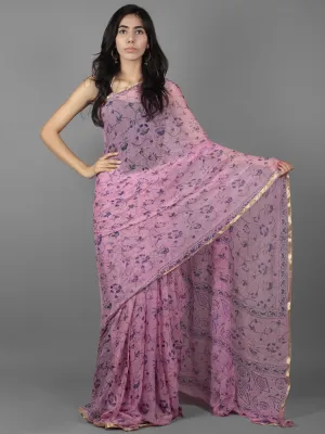 Lavender Blue Hand Block Printed Chiffon Saree - S031701894
