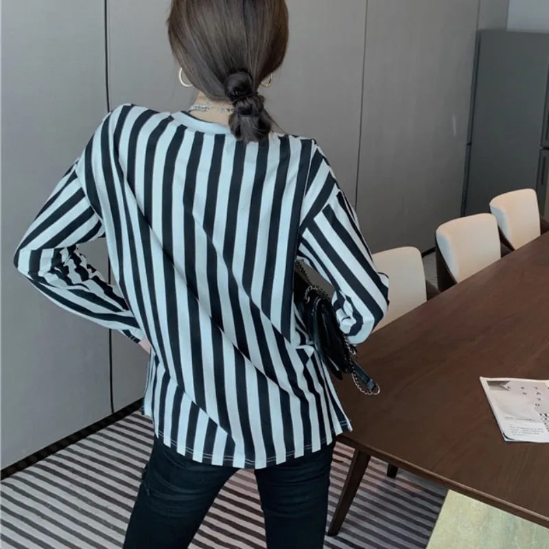 Loose Striped Women T Shirt Long Sleeve Casual O Neck Split Fork Ladies Tess Korean Pure Cotton Fashion Female Tops