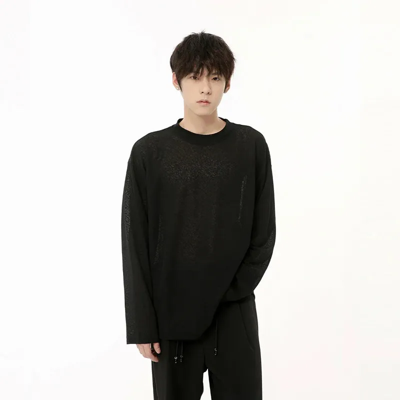 Male T-shirts Korean Version Round Neck Thin Long Sleeve Solid Color Loose Men‘s Tops Autumn Simple 9C6696