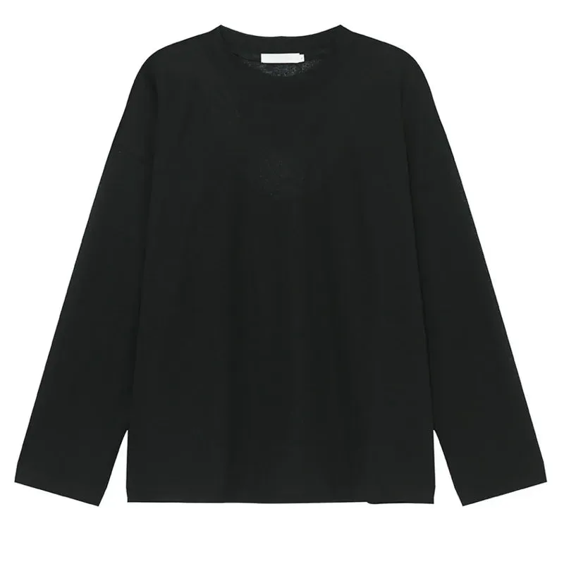 Male T-shirts Korean Version Round Neck Thin Long Sleeve Solid Color Loose Men‘s Tops Autumn Simple 9C6696