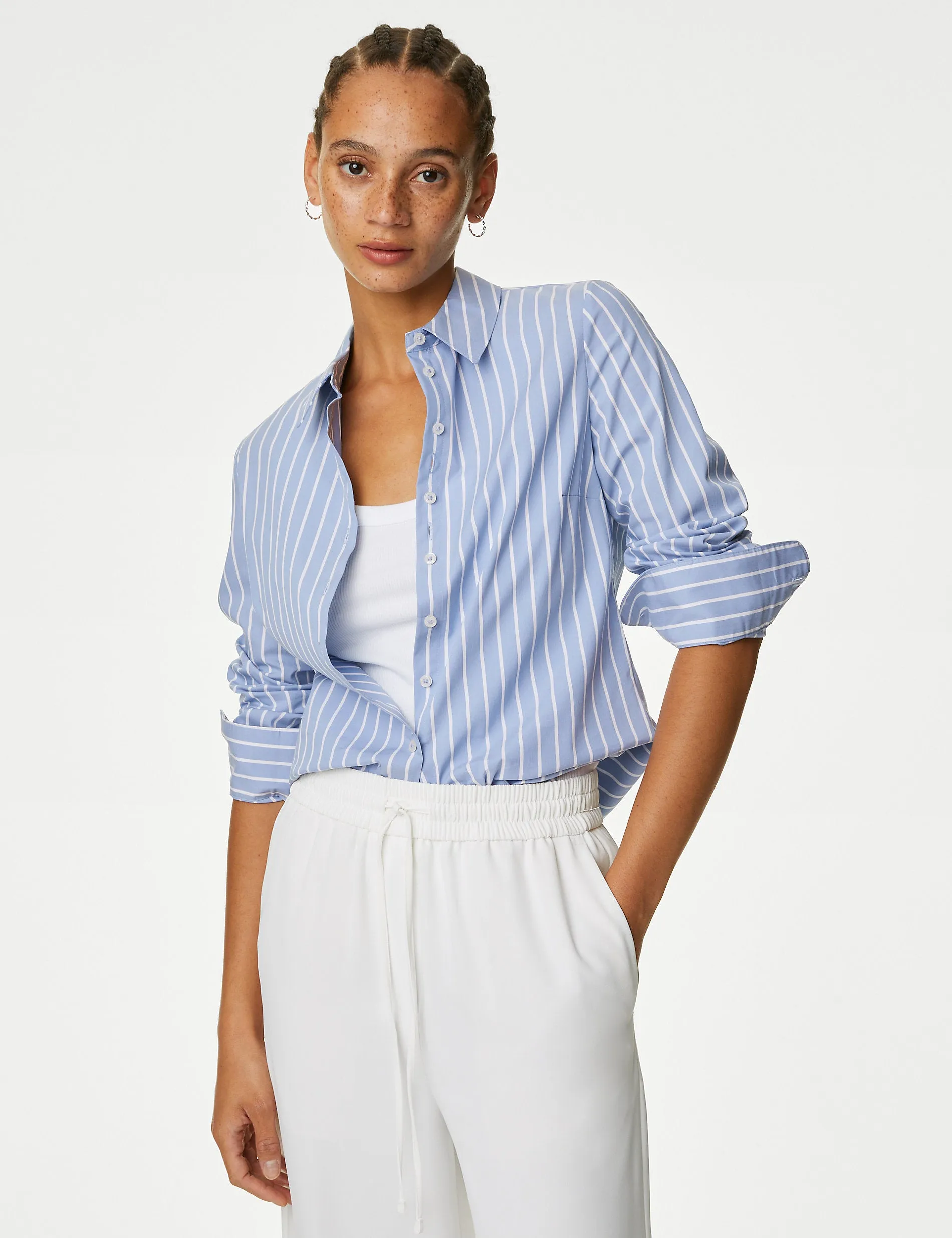 Marks & Spencer Cotton Striped Slim Fit Shirt, Blue Mix