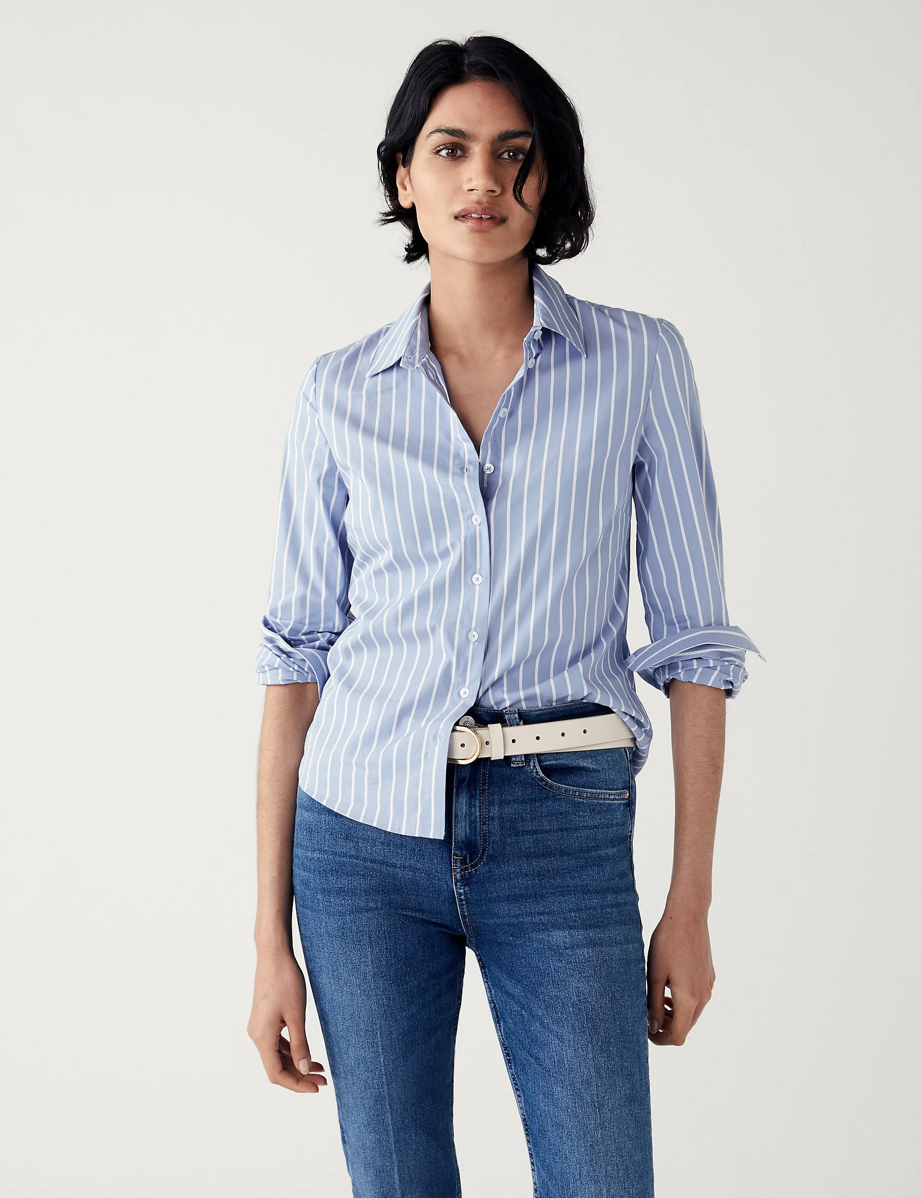 Marks & Spencer Cotton Striped Slim Fit Shirt, Blue Mix