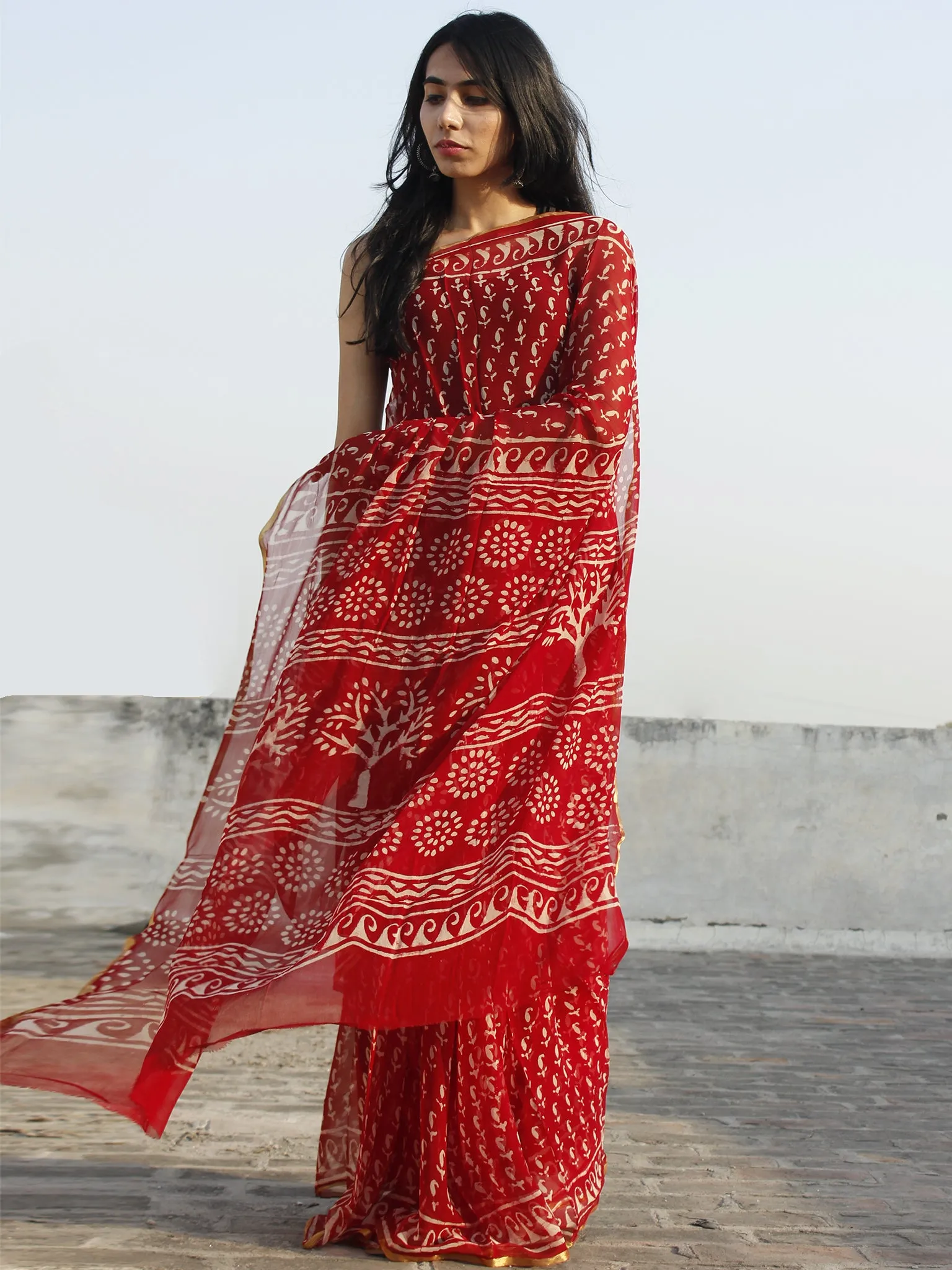 Maroon Ivory Hand Block Printed Chiffon Saree - S031702342