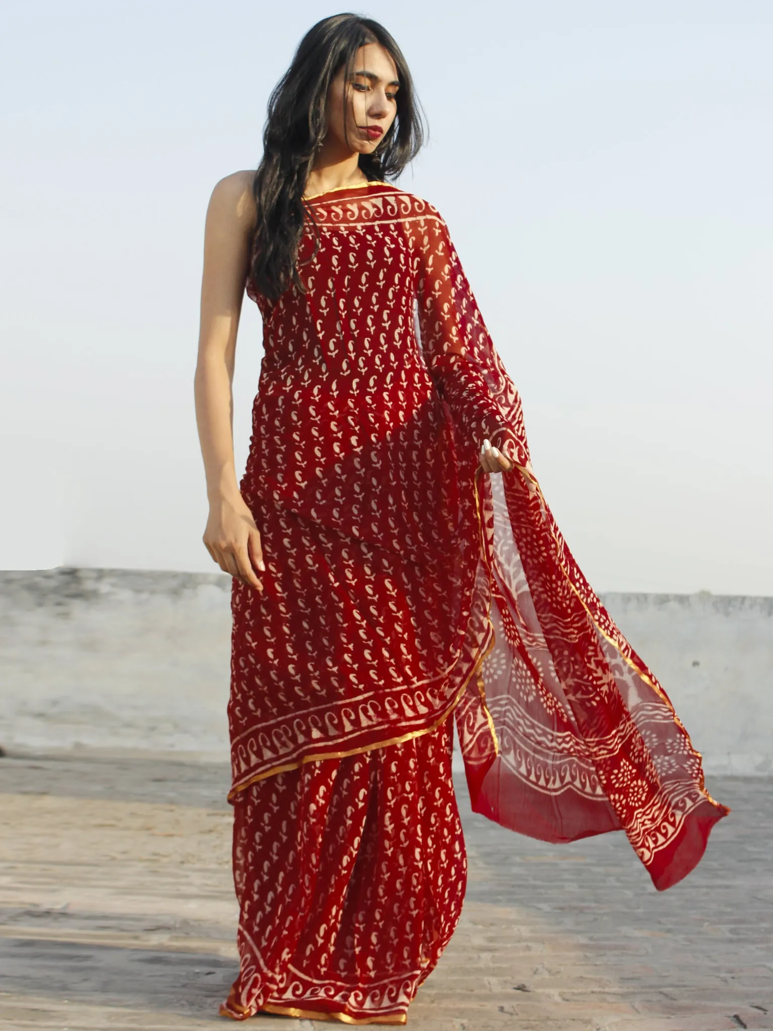 Maroon Ivory Hand Block Printed Chiffon Saree - S031702342