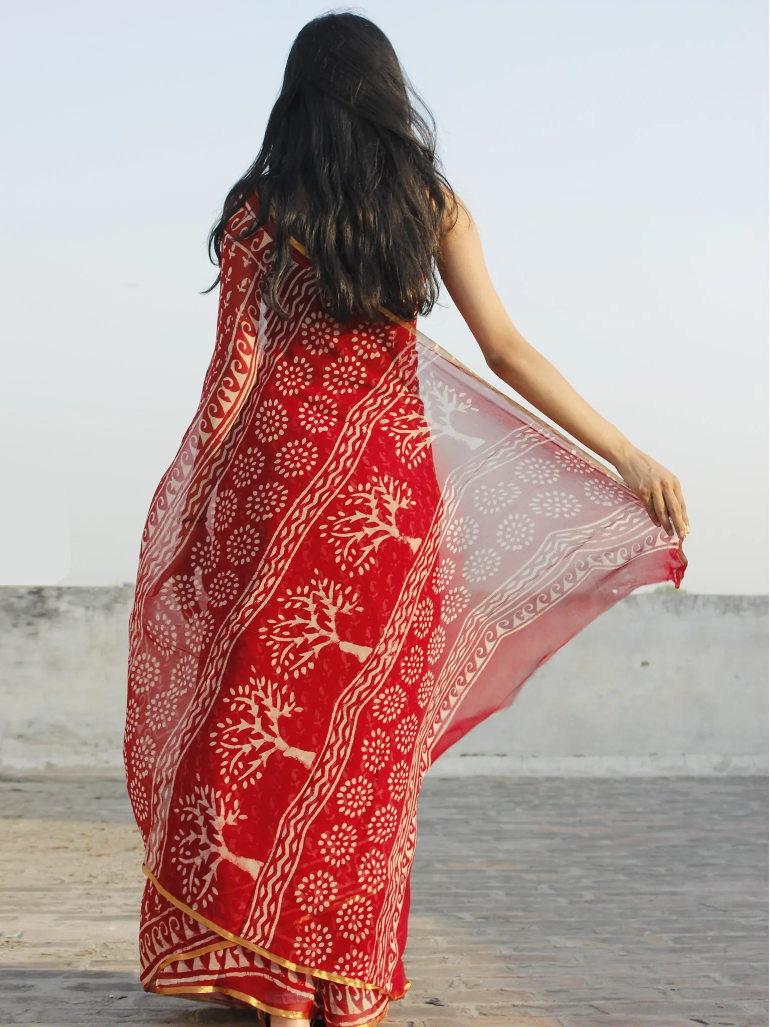 Maroon Ivory Hand Block Printed Chiffon Saree - S031702342