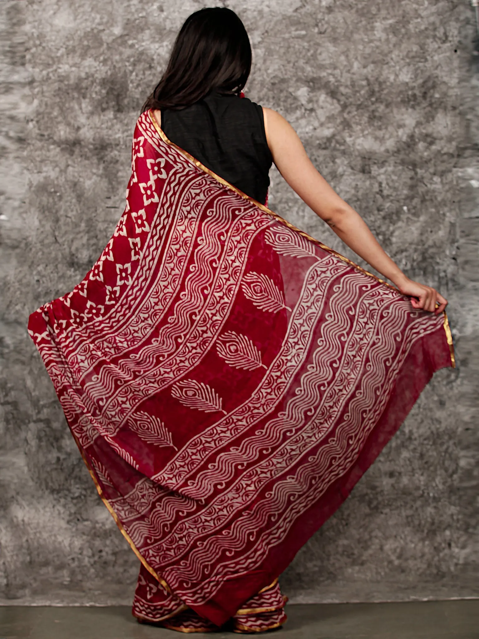 Maroon White Hand Block Printed Chiffon Saree with Zari Border - S031703225