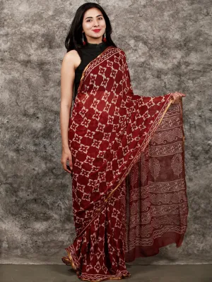 Maroon White Hand Block Printed Chiffon Saree with Zari Border - S031703225