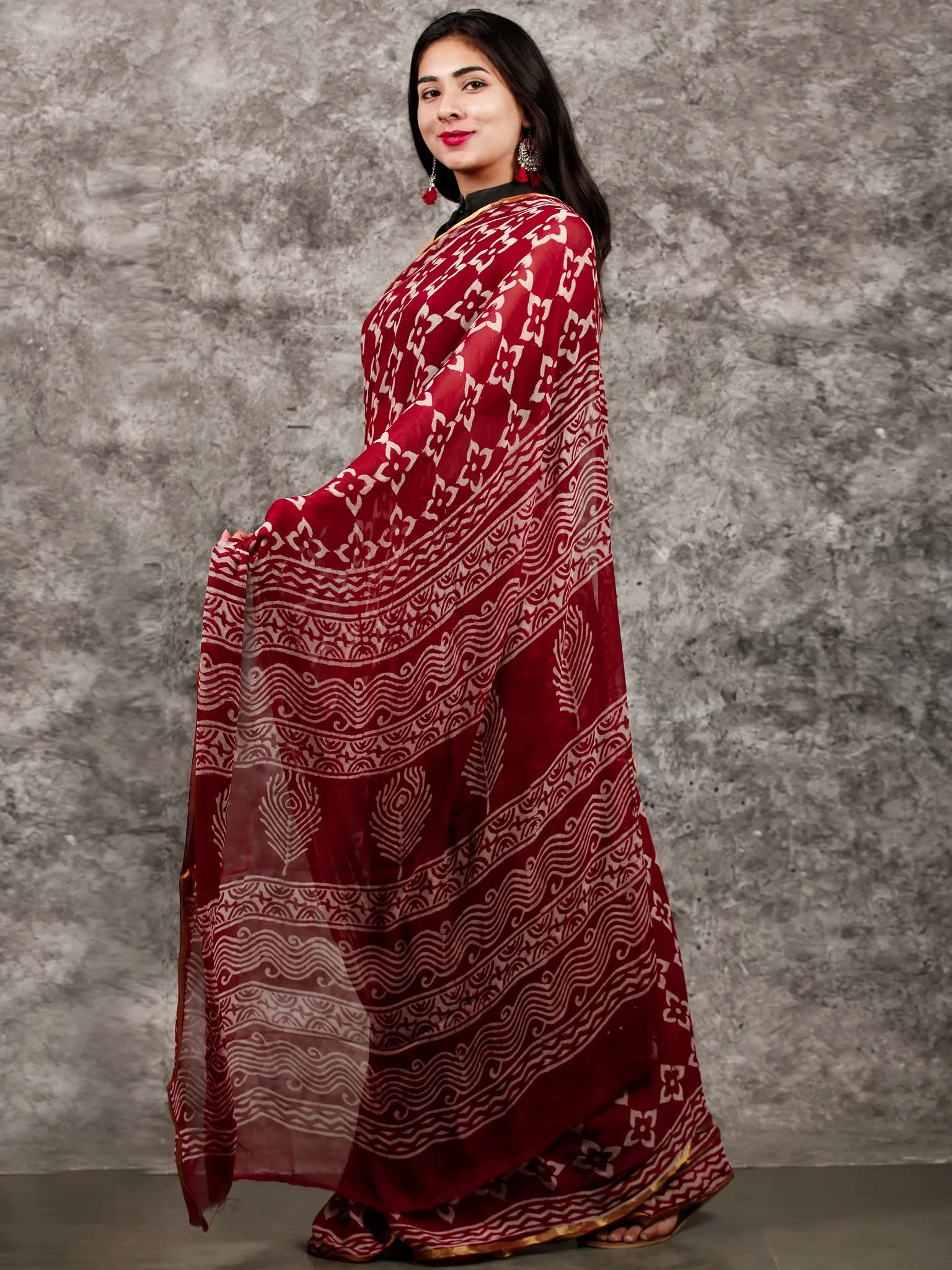 Maroon White Hand Block Printed Chiffon Saree with Zari Border - S031703225