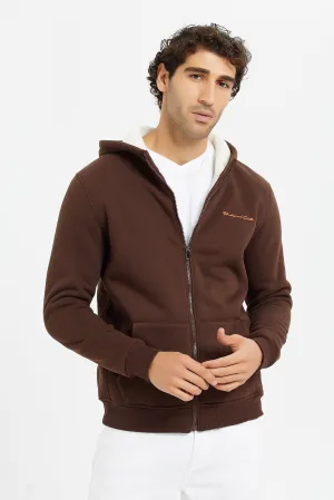 Men Brown Faux Fur Zipper Hooded Sweatshirt