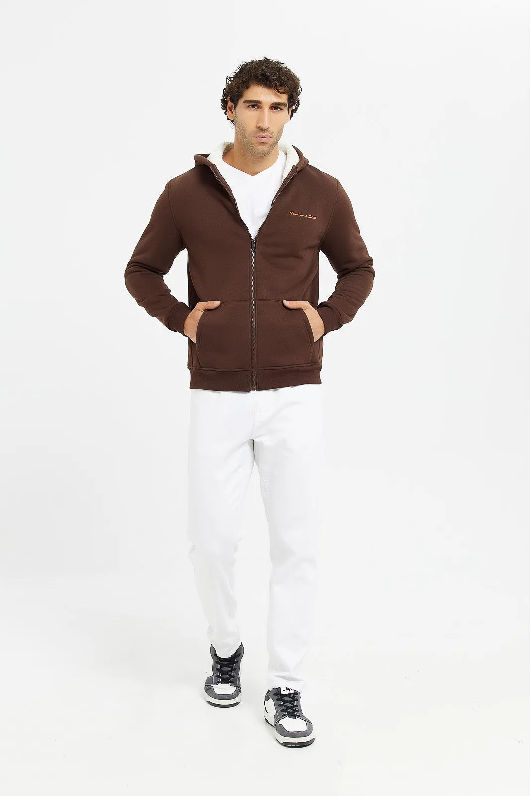 Men Brown Faux Fur Zipper Hooded Sweatshirt