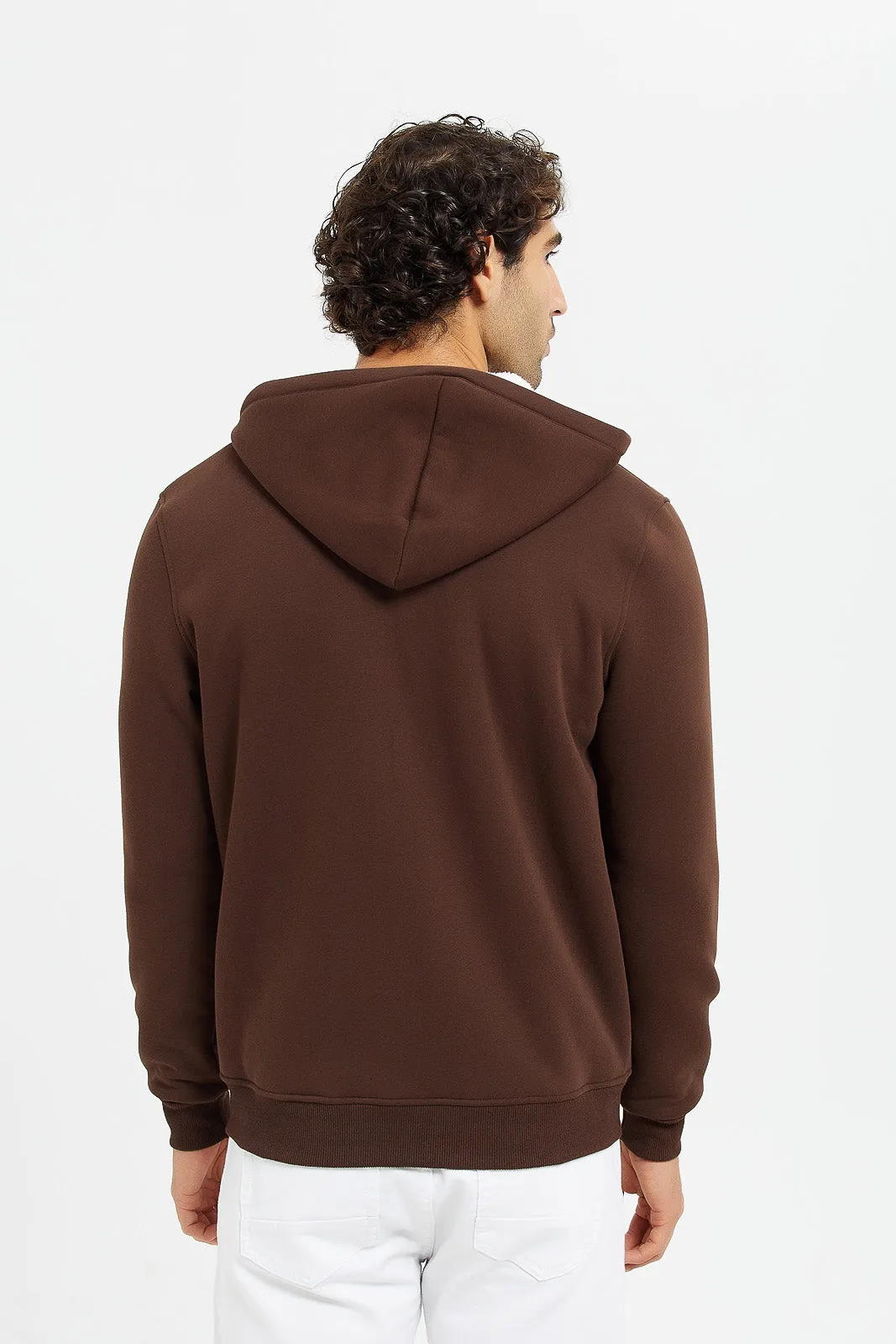 Men Brown Faux Fur Zipper Hooded Sweatshirt