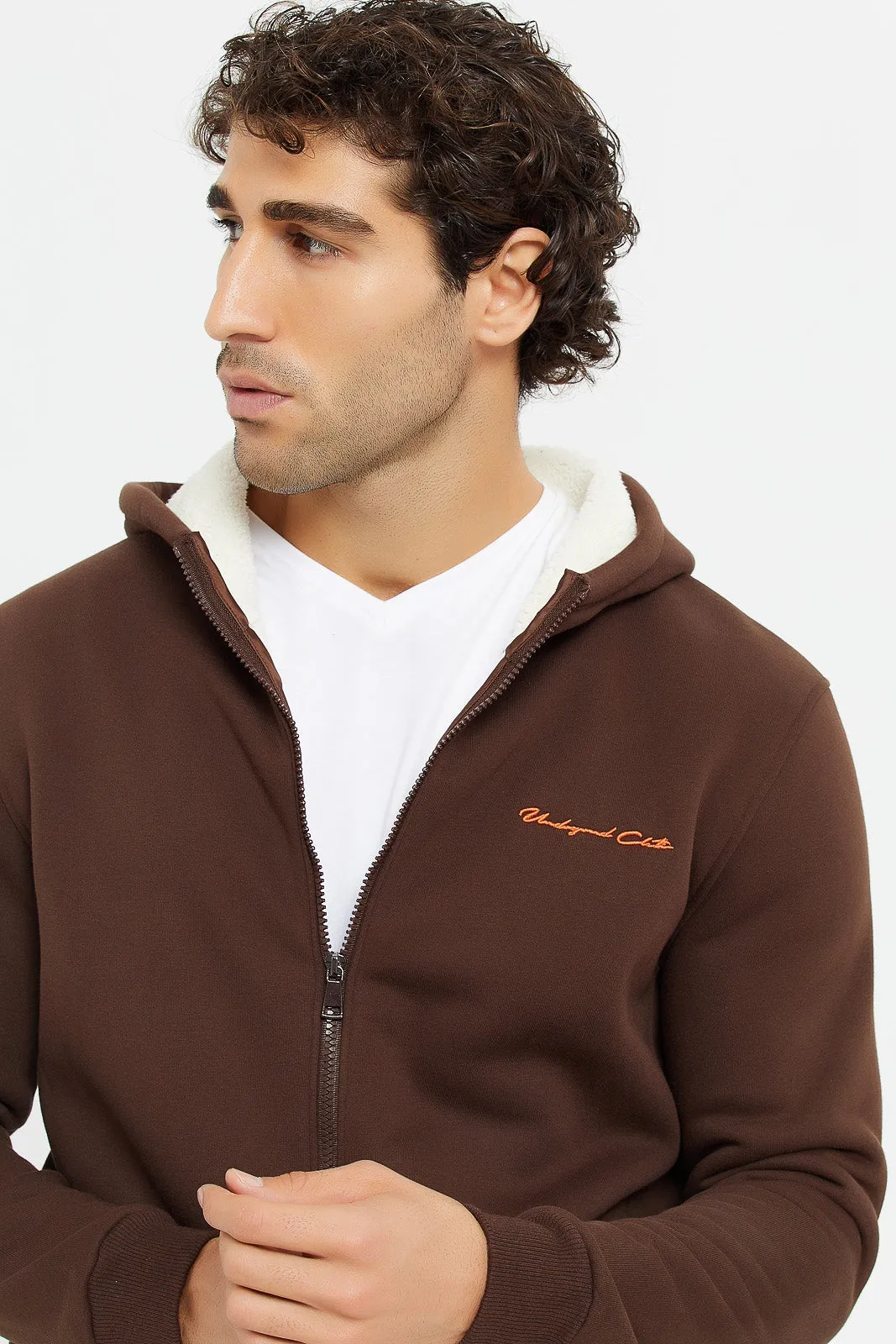 Men Brown Faux Fur Zipper Hooded Sweatshirt