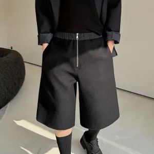 Men's Casual Shorts Elastic Waist Lace-up Versatile Zipper Placket Personalized Woolen Splicing Straight Wide Leg Capris