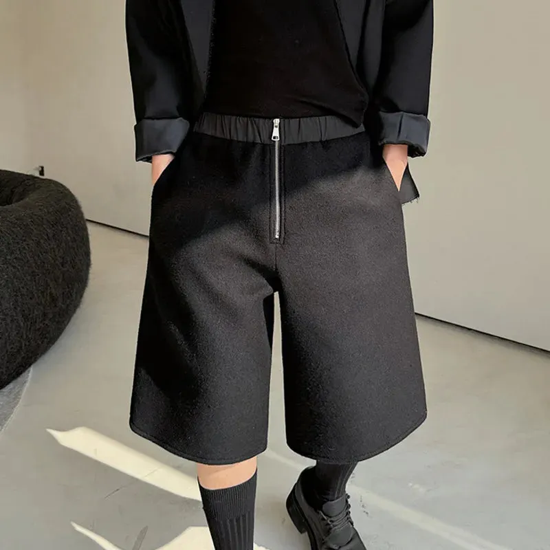 Men's Casual Shorts Elastic Waist Lace-up Versatile Zipper Placket Personalized Woolen Splicing Straight Wide Leg Capris