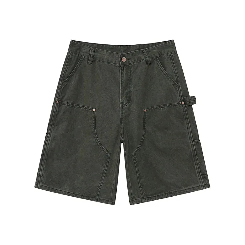 Men's Wear Knee Length Denim Shorts Summer Multi Pocket Loose Jeans Solid Color Japanese Style Male Overalls 9C6027
