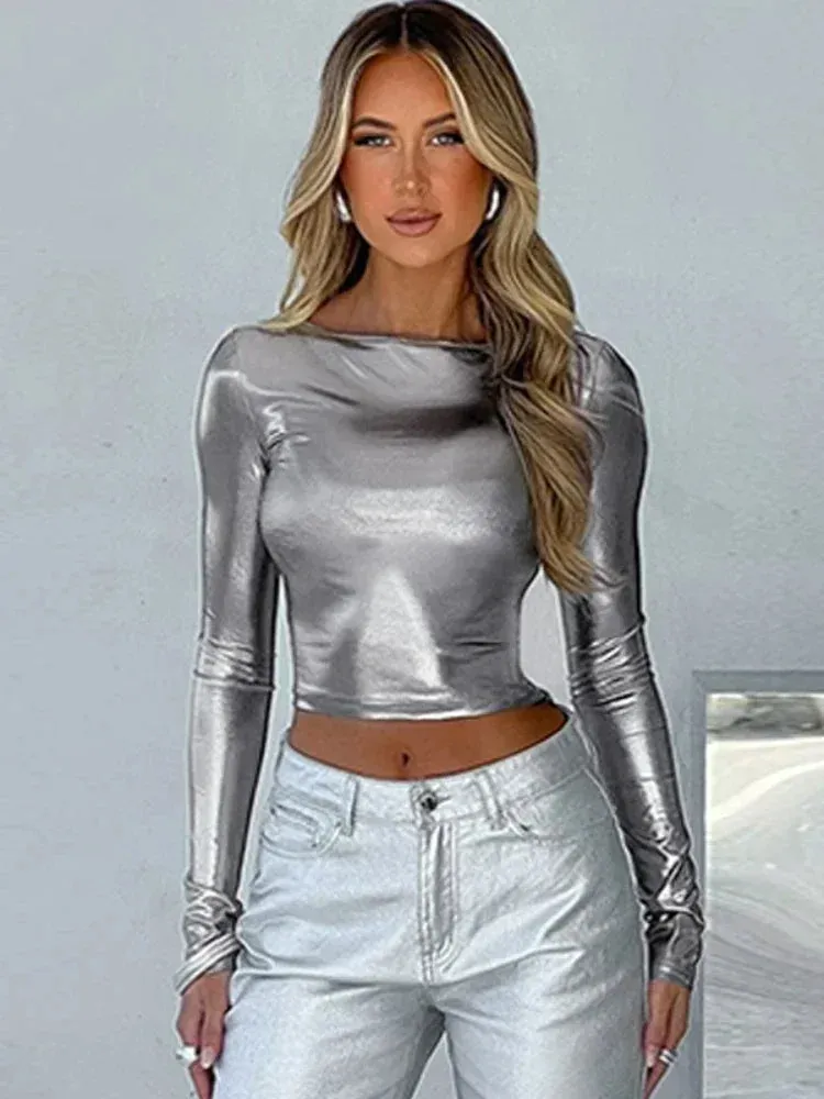 Metallic Sexy Fitted T Shirt for Women Long Sleeve Crop Tops Y2k Clothes 2000s Street Fashion Cool Tees C70-BZ14