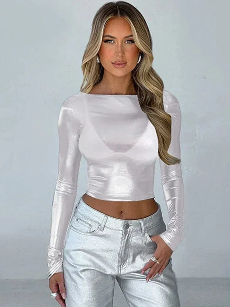 Metallic Sexy Fitted T Shirt for Women Long Sleeve Crop Tops Y2k Clothes 2000s Street Fashion Cool Tees C70-BZ14
