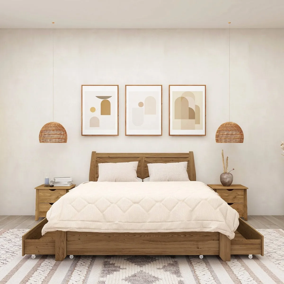 Mica Natural Double Wooden Bed Frame with Storage Drawers - Oak