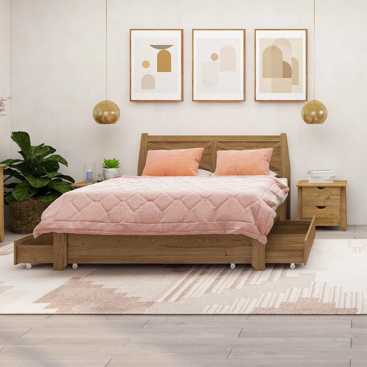 Mica Natural Double Wooden Bed Frame with Storage Drawers - Oak