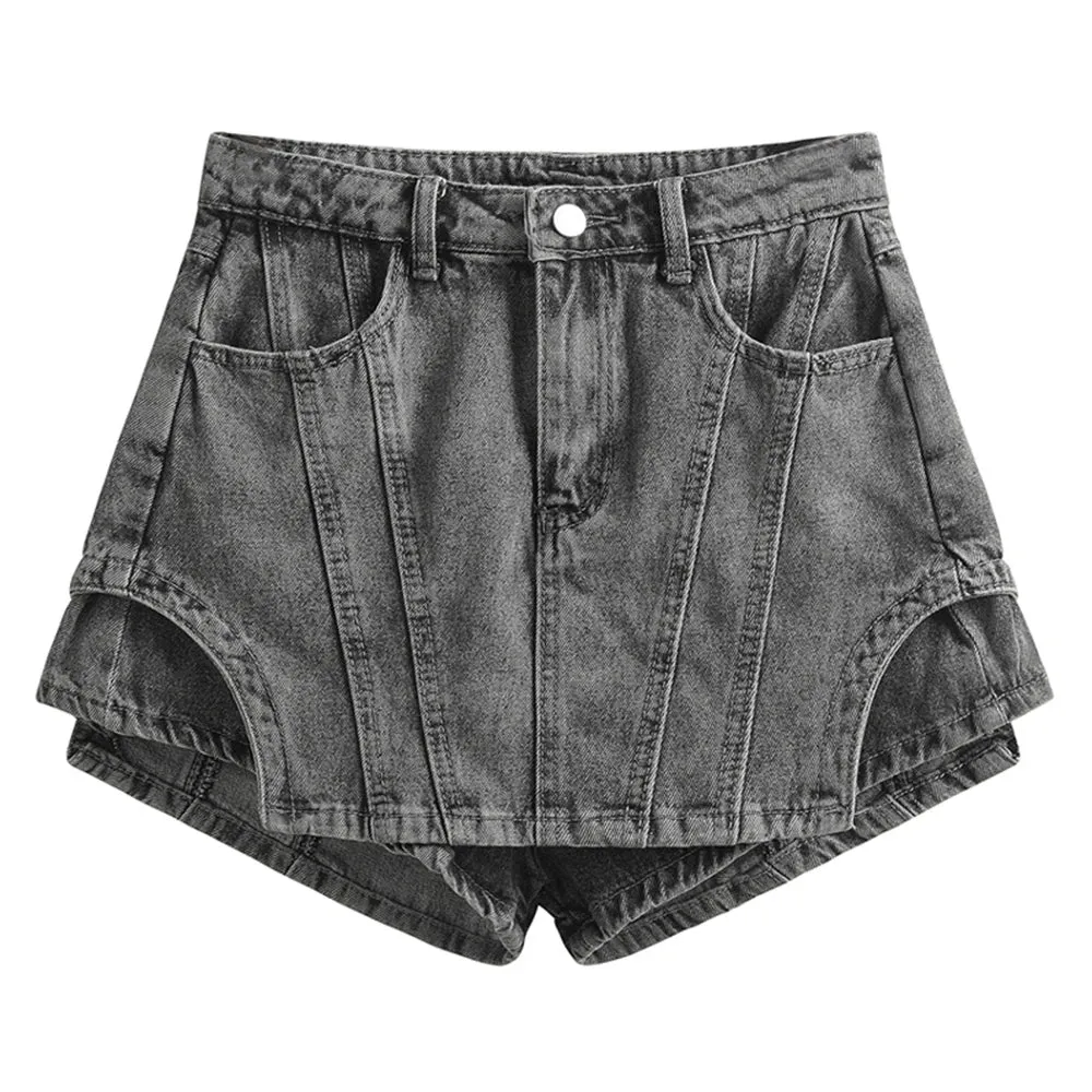 Minimalist Denim Shorts For Women High Waist Patchwork Button Summer Irregular Shorts Skirts Female Fashion