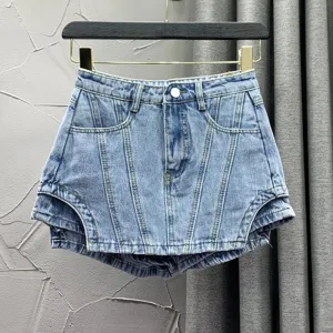 Minimalist Denim Shorts For Women High Waist Patchwork Button Summer Irregular Shorts Skirts Female Fashion