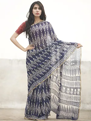 Navy Blue White Hand Block Printed Chiffon Saree With Zari Border - S031702602
