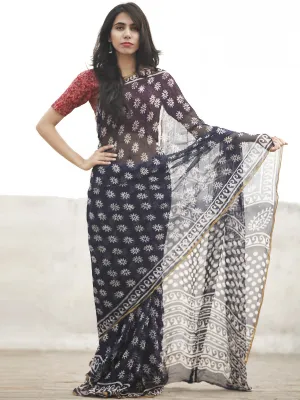Navy Blue White Hand Block Printed Chiffon Saree With Zari Border - S031702604