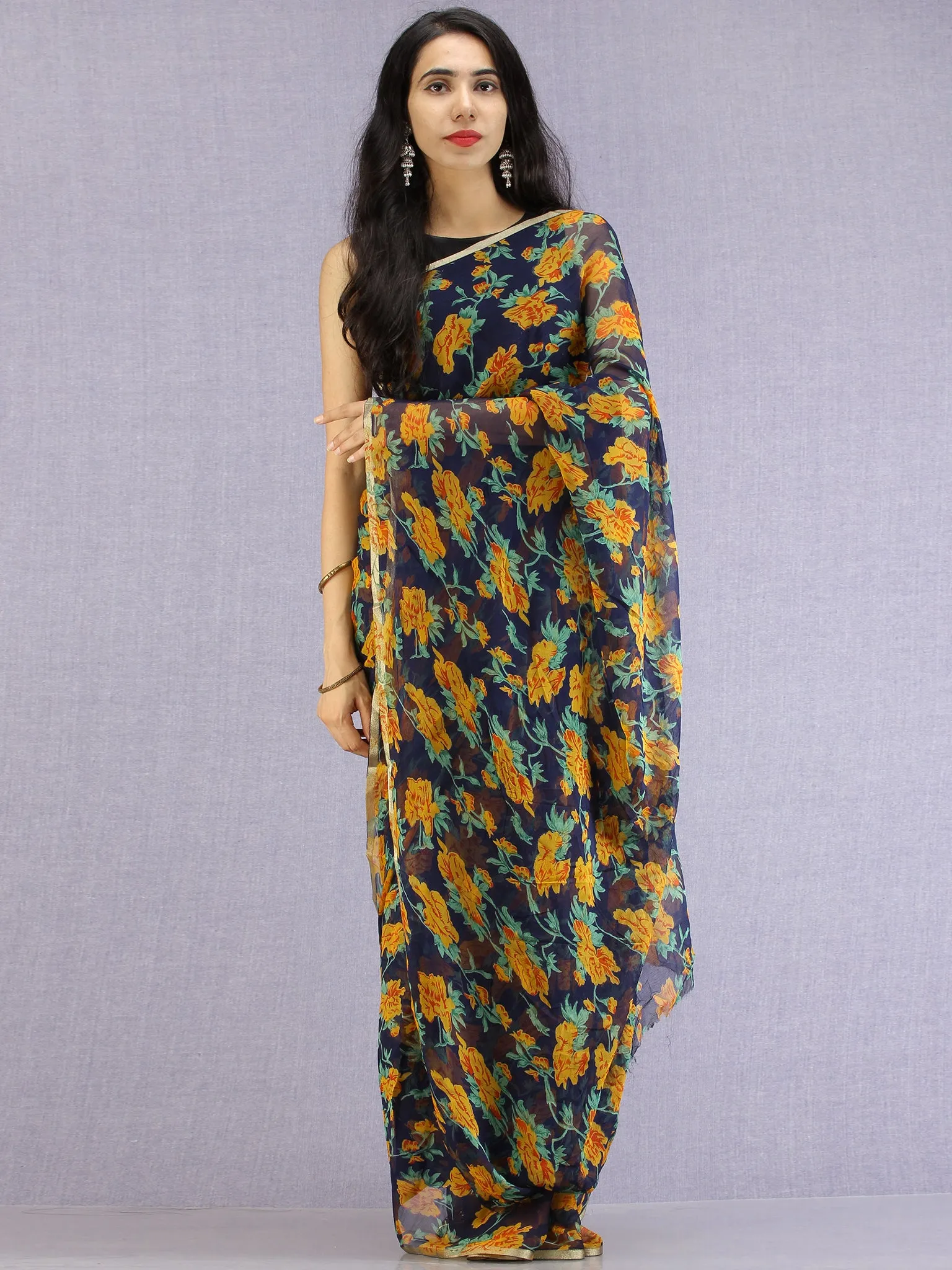 Navy Mustard Green Hand Block Printed Chiffon Saree with Zari Border - S031704606