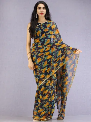 Navy Mustard Green Hand Block Printed Chiffon Saree with Zari Border - S031704606