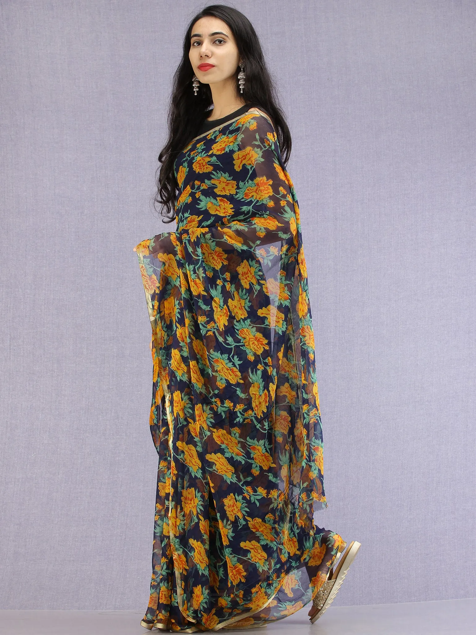 Navy Mustard Green Hand Block Printed Chiffon Saree with Zari Border - S031704606