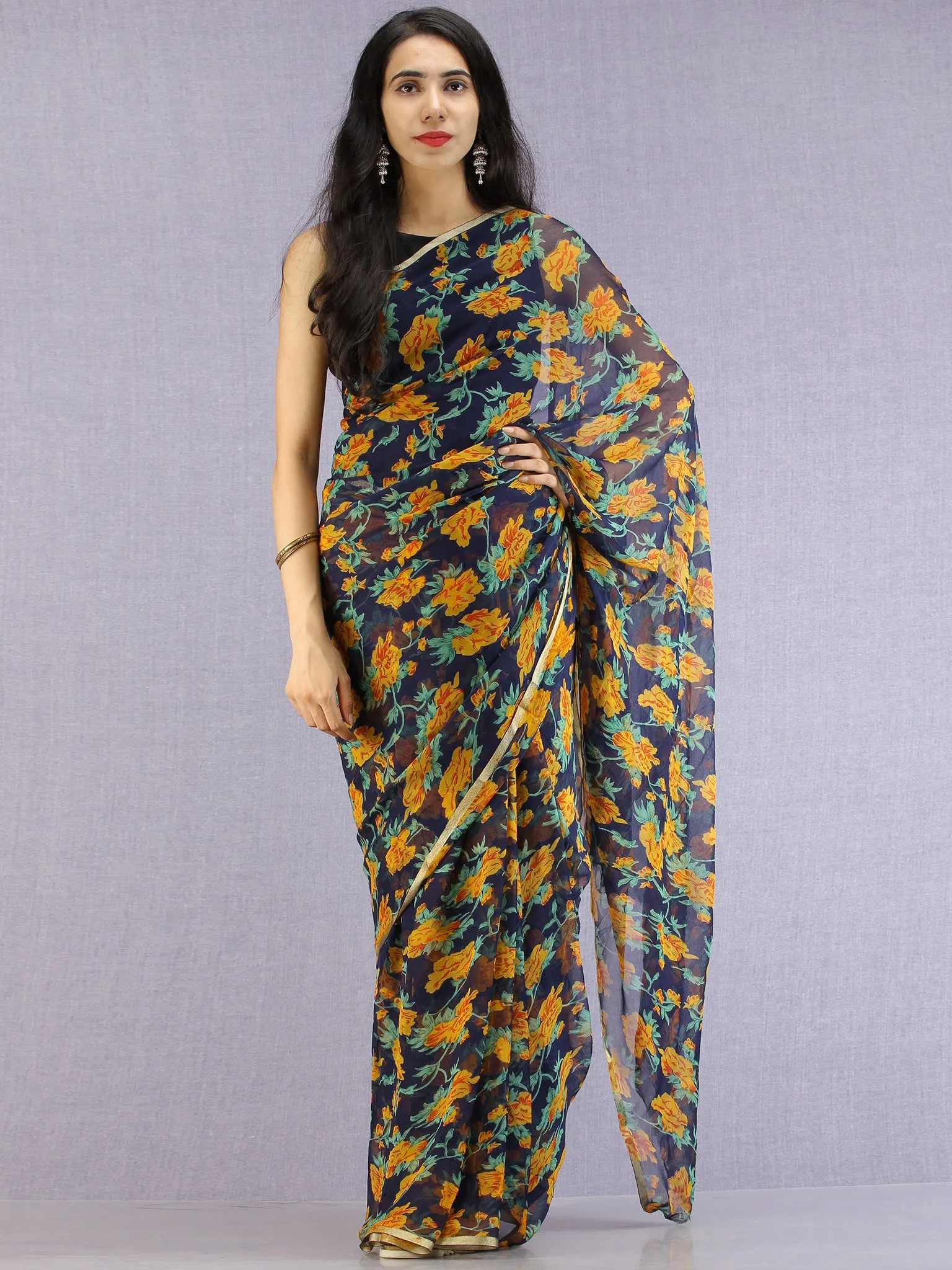 Navy Mustard Green Hand Block Printed Chiffon Saree with Zari Border - S031704606