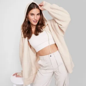 New - Women's Oversized Zip-Up Hoodie - Wild Fable Beige L
