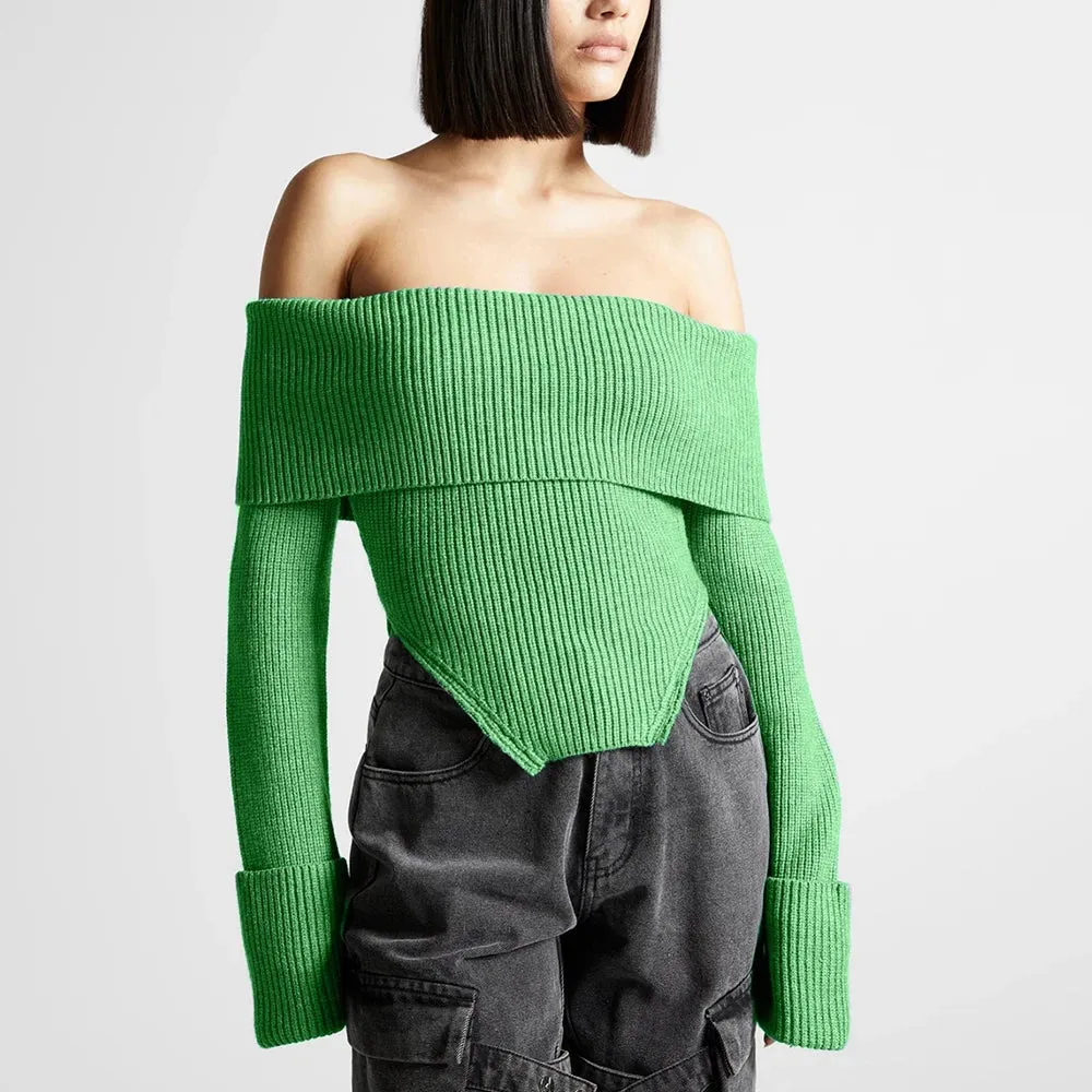 Off Shoulder Solid Knitting Casual Sweaters For Women Slash Neck Long Sleeve Slimming Backless Pullover Sweater Female