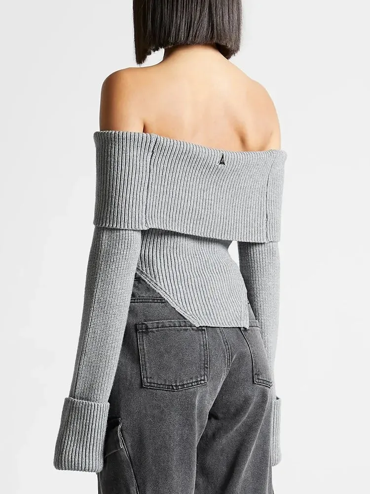 Off Shoulder Solid Knitting Casual Sweaters For Women Slash Neck Long Sleeve Slimming Backless Pullover Sweater Female