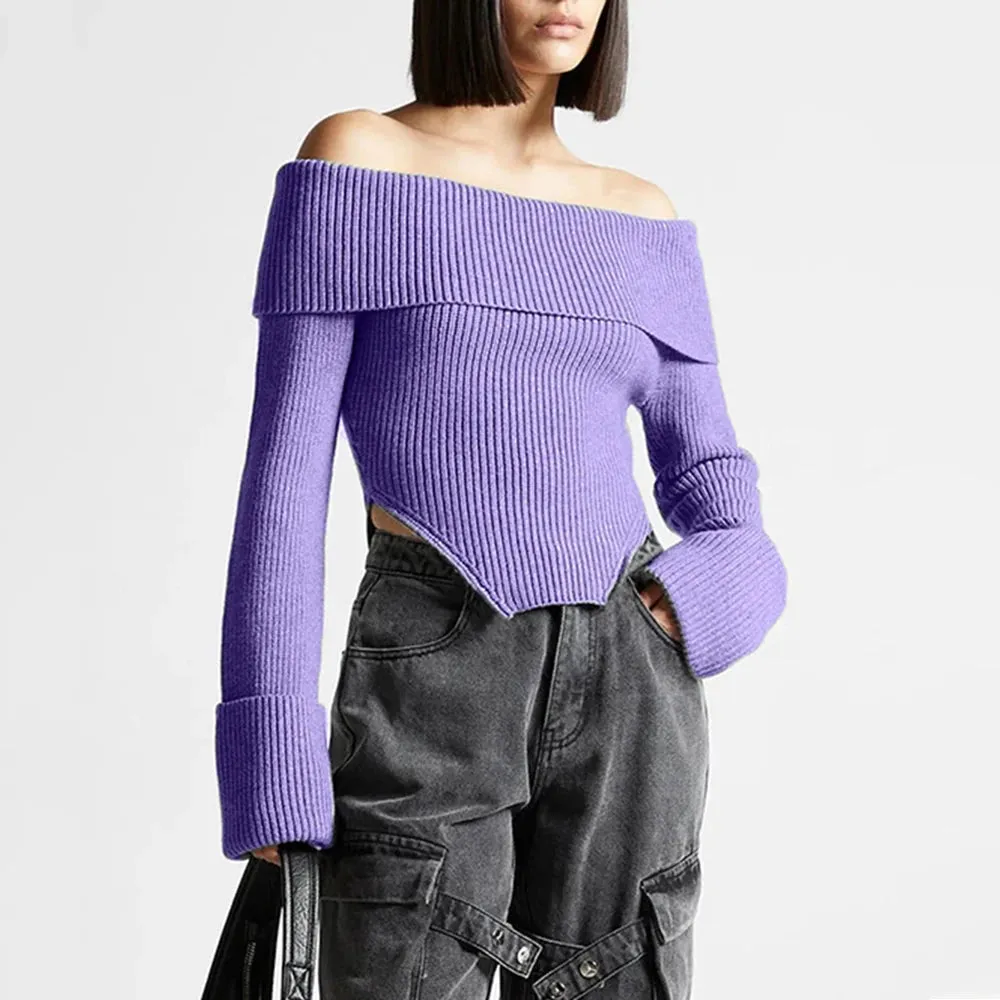 Off Shoulder Solid Knitting Casual Sweaters For Women Slash Neck Long Sleeve Slimming Backless Pullover Sweater Female