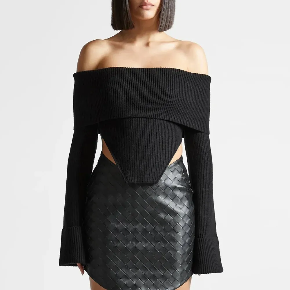 Off Shoulder Solid Knitting Casual Sweaters For Women Slash Neck Long Sleeve Slimming Backless Pullover Sweater Female
