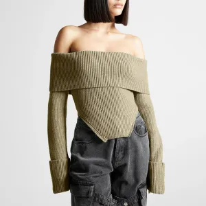 Off Shoulder Solid Knitting Casual Sweaters For Women Slash Neck Long Sleeve Slimming Backless Pullover Sweater Female