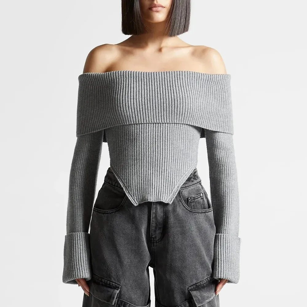 Off Shoulder Solid Knitting Casual Sweaters For Women Slash Neck Long Sleeve Slimming Backless Pullover Sweater Female