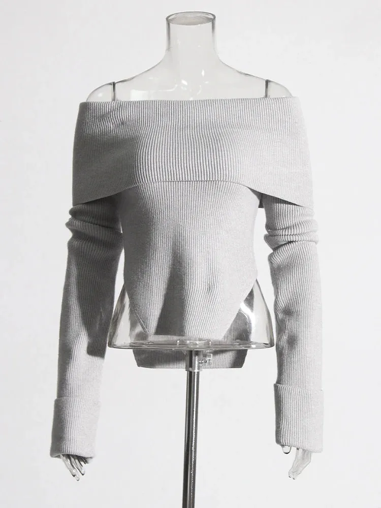 Off Shoulder Solid Knitting Casual Sweaters For Women Slash Neck Long Sleeve Slimming Backless Pullover Sweater Female