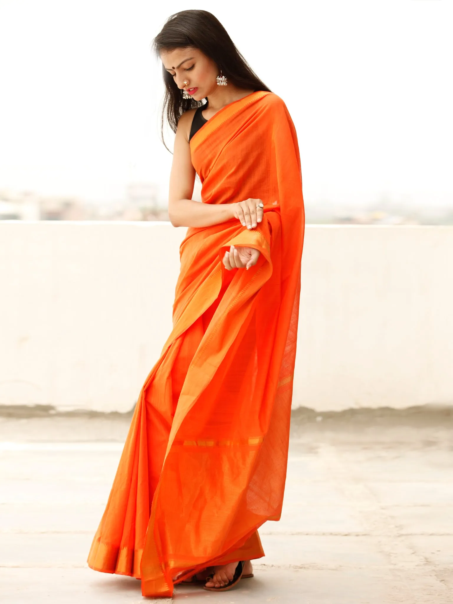Orange Handloom Mangalagiri Cotton Saree With Zari Border - S031703853