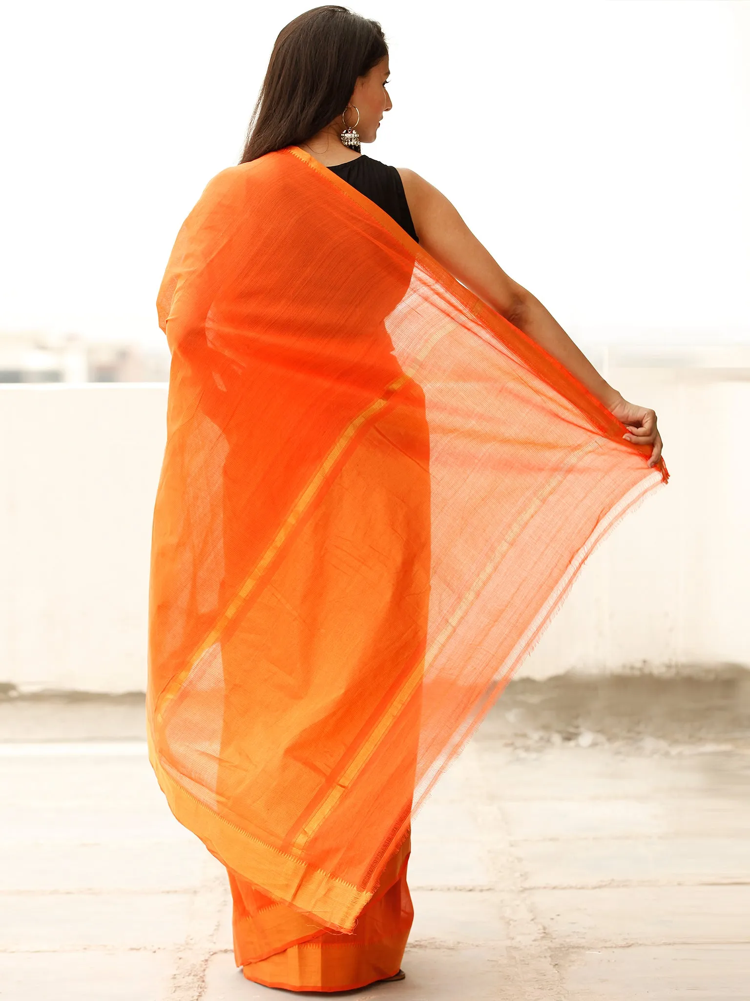 Orange Handloom Mangalagiri Cotton Saree With Zari Border - S031703853